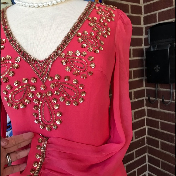 French Connection Sequined Coral Silk Shift Dress - Picture 6 of 8